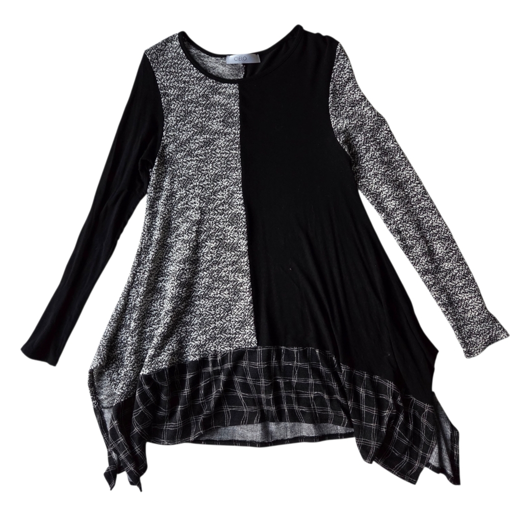 Cielo Blue Shark Bite Mixed Knit Top  Boho Flowy Plaid Ruffle